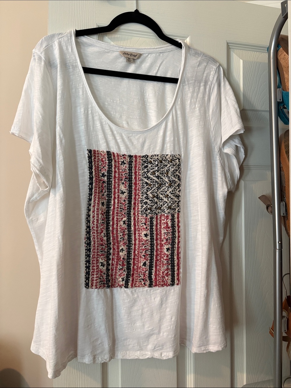 Lucky Brand White Scoop Neck Tee with Pink & Black Embroidered Panel